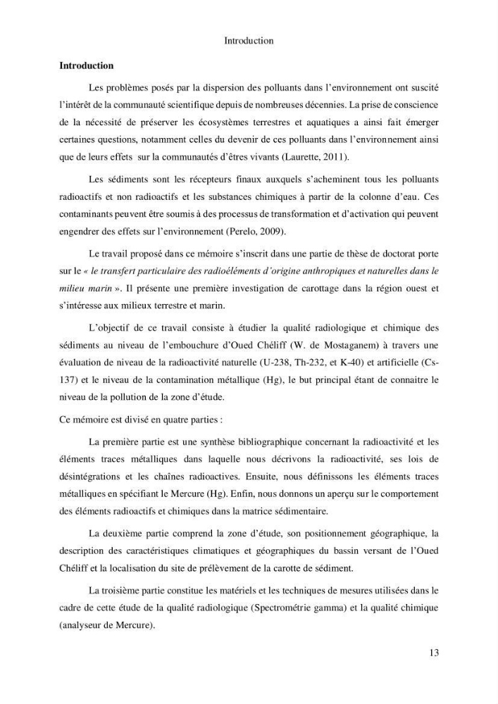 Etude de la qualité radiologique et chimique des sédiments de l’embouchure de l’Oued Chéliff (W.de Mostaganem)