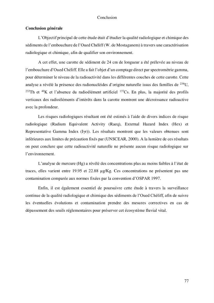 Etude de la qualité radiologique et chimique des sédiments de l’embouchure de l’Oued Chéliff (W.de Mostaganem)