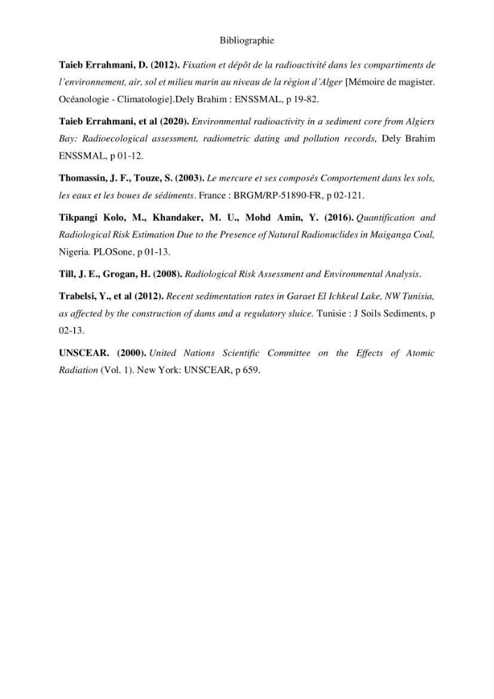 Etude de la qualité radiologique et chimique des sédiments de l’embouchure de l’Oued Chéliff (W.de Mostaganem)