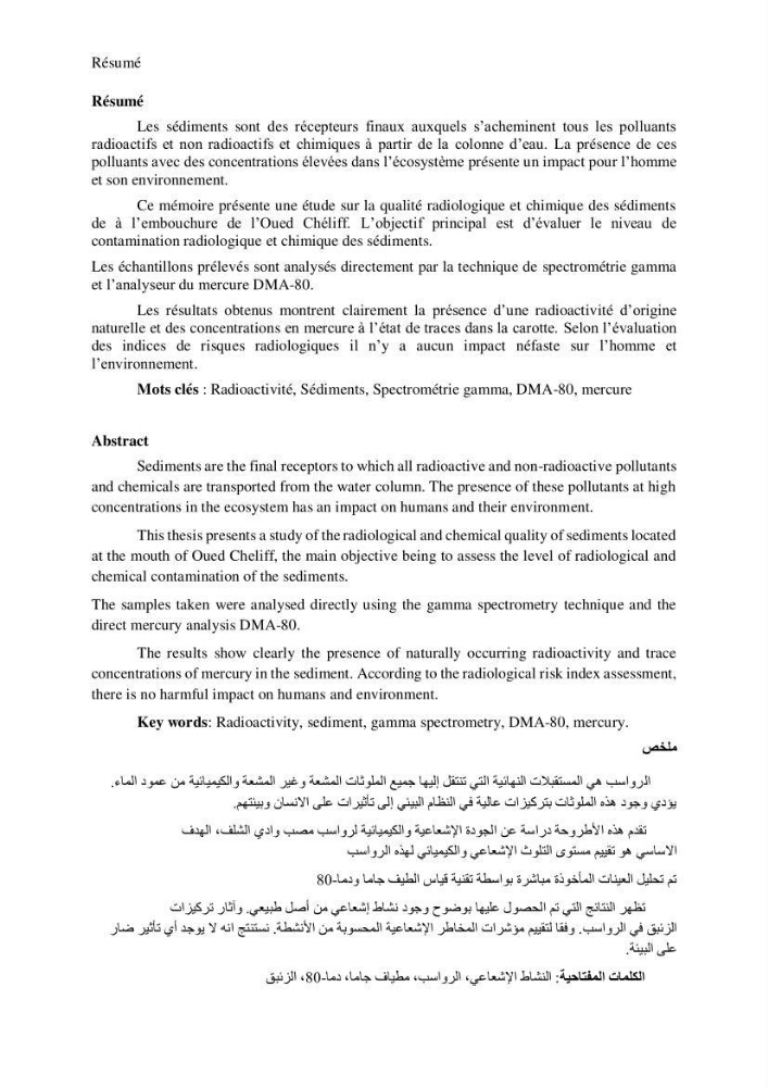 Etude de la qualité radiologique et chimique des sédiments de l’embouchure de l’Oued Chéliff (W.de Mostaganem)