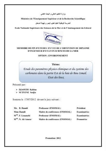 Etude des paramètres physico-chimiques et du système des carbonates dans la partie est de la baie de Bou-Ismail: état des lieux Etude des paramètres physico-chimiques et du système des carbonates dans la partie est de la baie de Bou-Ismail: état des lieux