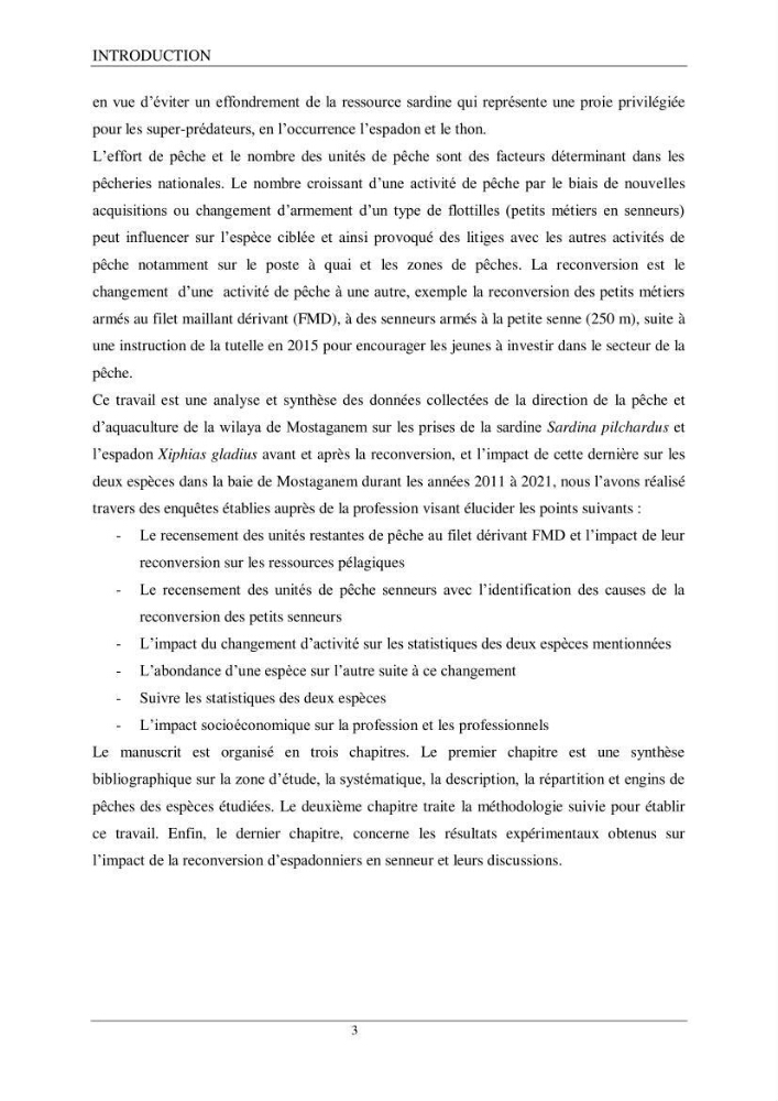 Etude d\'impact de la reconversion d\'éspadonniers en senneurs sur les éspèces cibles notament: l\'éspadon Xiphias gladius (Linnaeus,1758) et la sardine Sardina pilchardus ( Walbaum,1792 ) dans la baie de Mostaganem