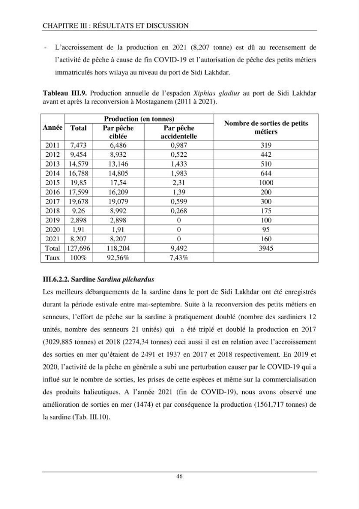 Etude d\'impact de la reconversion d\'éspadonniers en senneurs sur les éspèces cibles notament: l\'éspadon Xiphias gladius (Linnaeus,1758) et la sardine Sardina pilchardus ( Walbaum,1792 ) dans la baie de Mostaganem