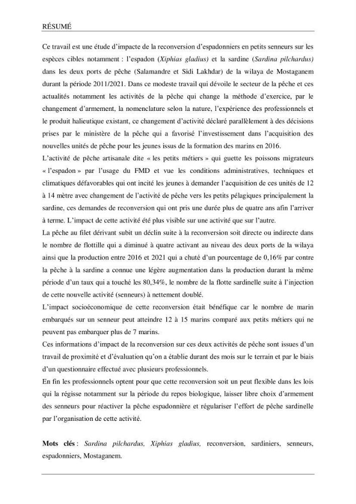 Etude d\'impact de la reconversion d\'éspadonniers en senneurs sur les éspèces cibles notament: l\'éspadon Xiphias gladius (Linnaeus,1758) et la sardine Sardina pilchardus ( Walbaum,1792 ) dans la baie de Mostaganem