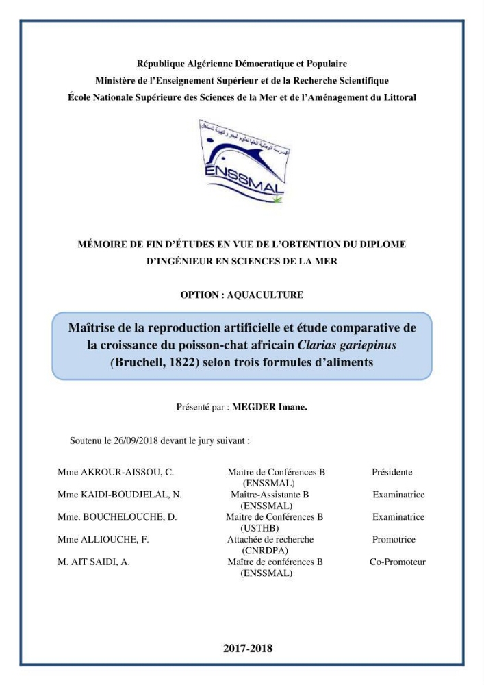 Maitrise de la reproduction artificielle et étude comparative de la croissance du poisson-chat africain Clarias gariepinus (Bruchell,1822 ) selon trois formules d\'aliments