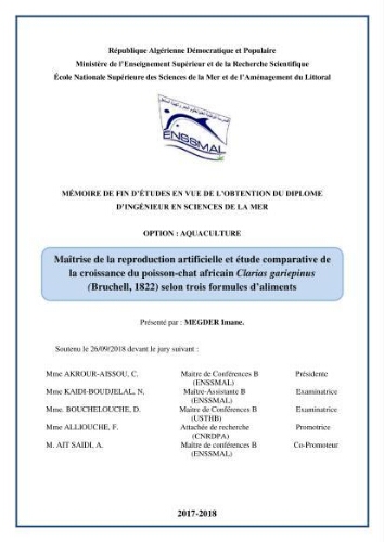 Maitrise de la reproduction artificielle et étude comparative de la croissance du poisson-chat africain Clarias gariepinus (Bruchell,1822 ) selon trois formules d'aliments Maitrise de la reproduction artificielle et étude comparative de la croissance du poisson-chat africain Clarias gariepinus (Bruchell,1822 ) selon trois formules d'aliments