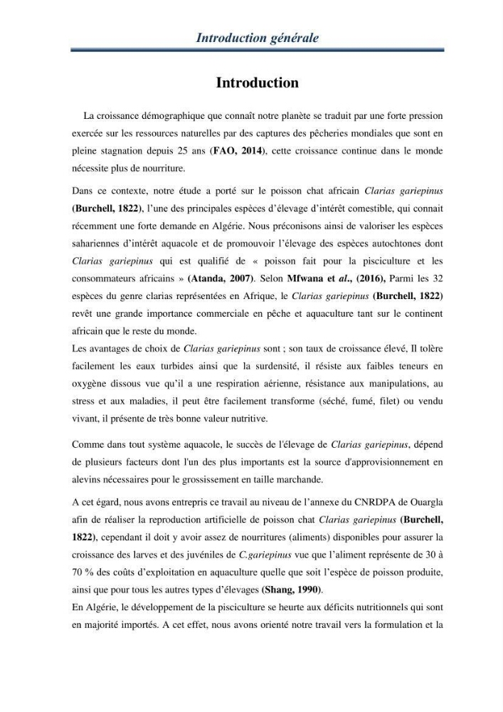 Maitrise de la reproduction artificielle et étude comparative de la croissance du poisson-chat africain Clarias gariepinus (Bruchell,1822 ) selon trois formules d\'aliments