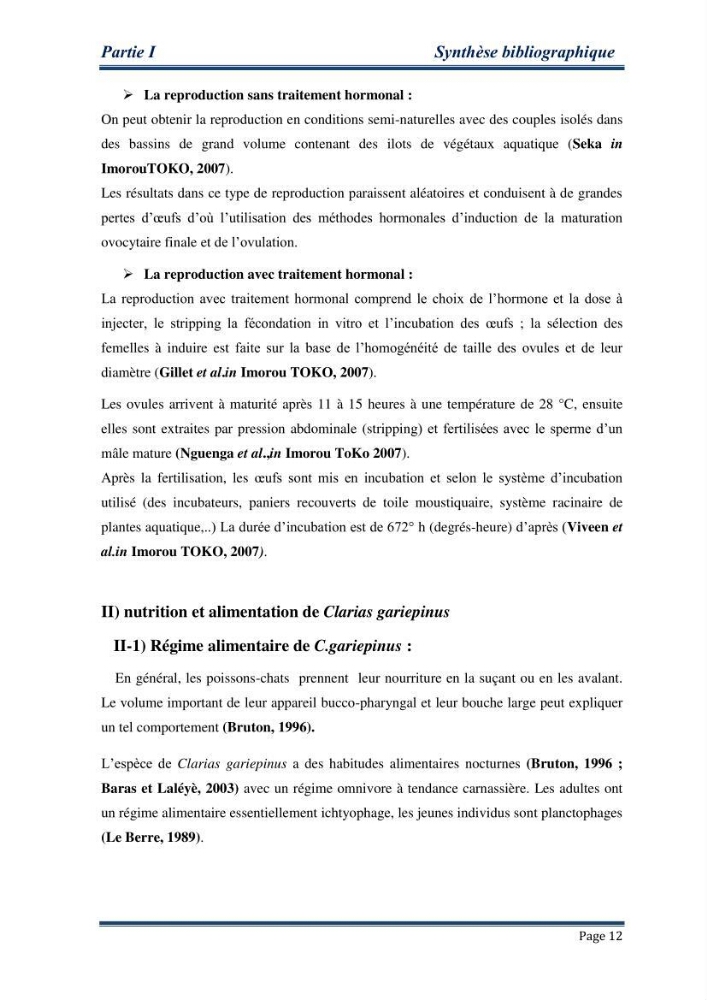 Maitrise de la reproduction artificielle et étude comparative de la croissance du poisson-chat africain Clarias gariepinus (Bruchell,1822 ) selon trois formules d\'aliments