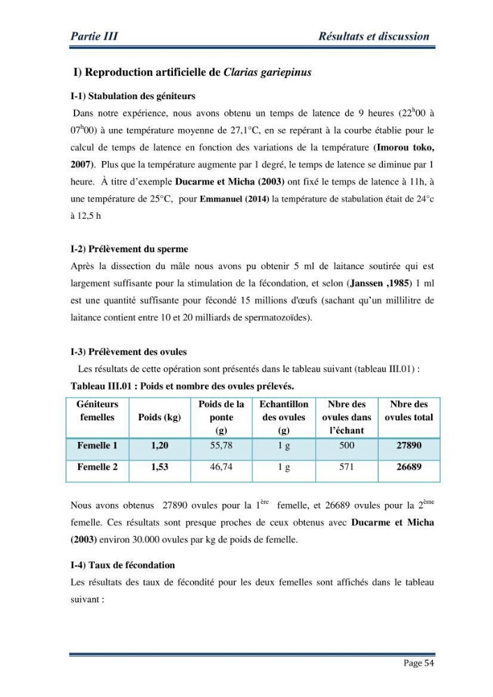Maitrise de la reproduction artificielle et étude comparative de la croissance du poisson-chat africain Clarias gariepinus (Bruchell,1822 ) selon trois formules d\'aliments