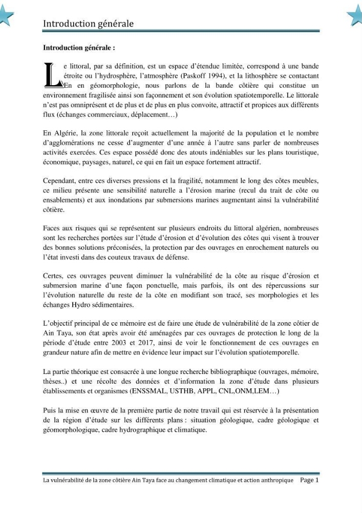 La vulnérabilité de la zone côtière de Ain Taya ( Alger Esr) faces aux changements climatiques et actions anthropiques