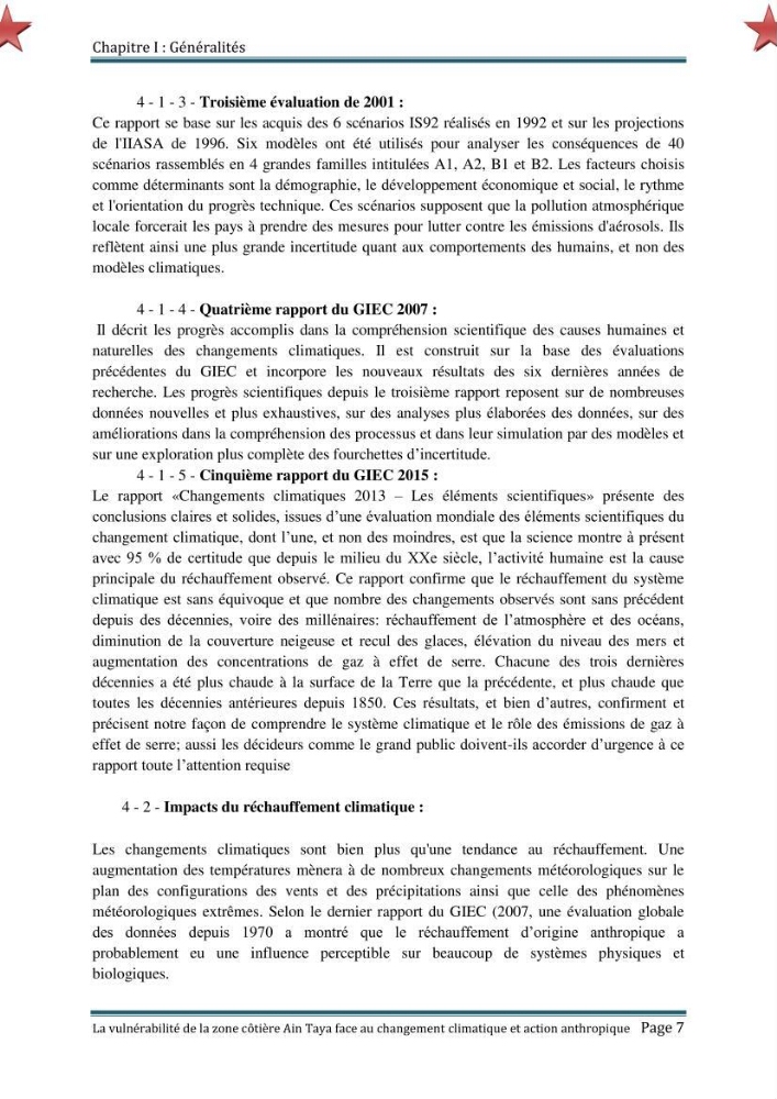 La vulnérabilité de la zone côtière de Ain Taya ( Alger Esr) faces aux changements climatiques et actions anthropiques