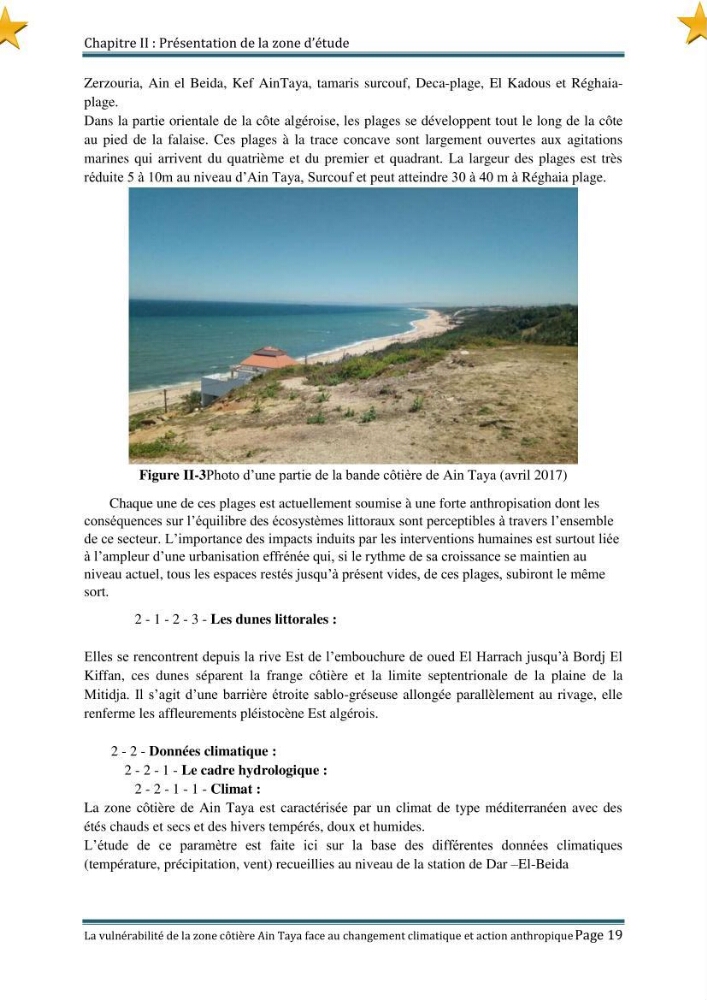 La vulnérabilité de la zone côtière de Ain Taya ( Alger Esr) faces aux changements climatiques et actions anthropiques