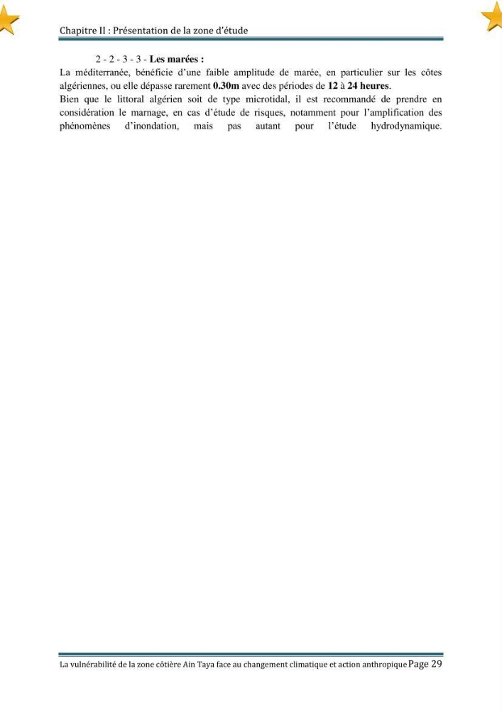 La vulnérabilité de la zone côtière de Ain Taya ( Alger Esr) faces aux changements climatiques et actions anthropiques