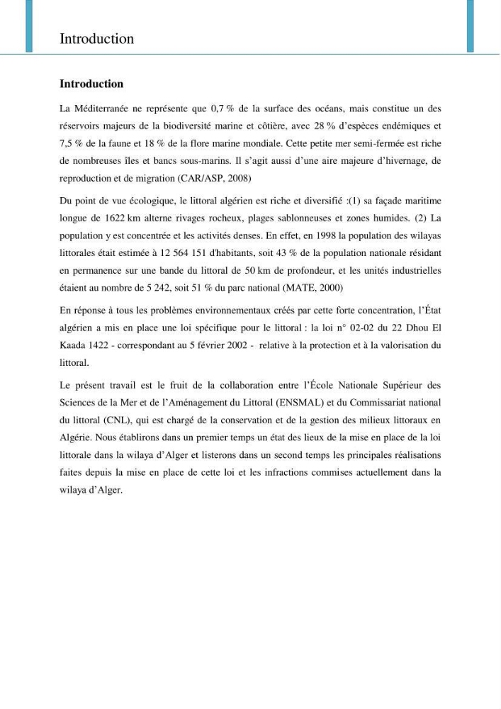 Evaluation de la mise en place de la loi du littoral au niveau des communes d\'Alger ouest