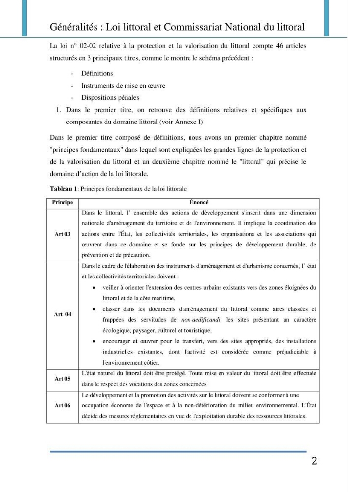 Evaluation de la mise en place de la loi du littoral au niveau des communes d\'Alger ouest