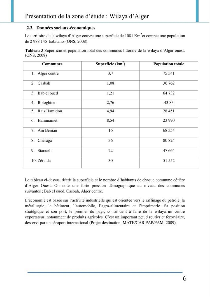 Evaluation de la mise en place de la loi du littoral au niveau des communes d\'Alger ouest