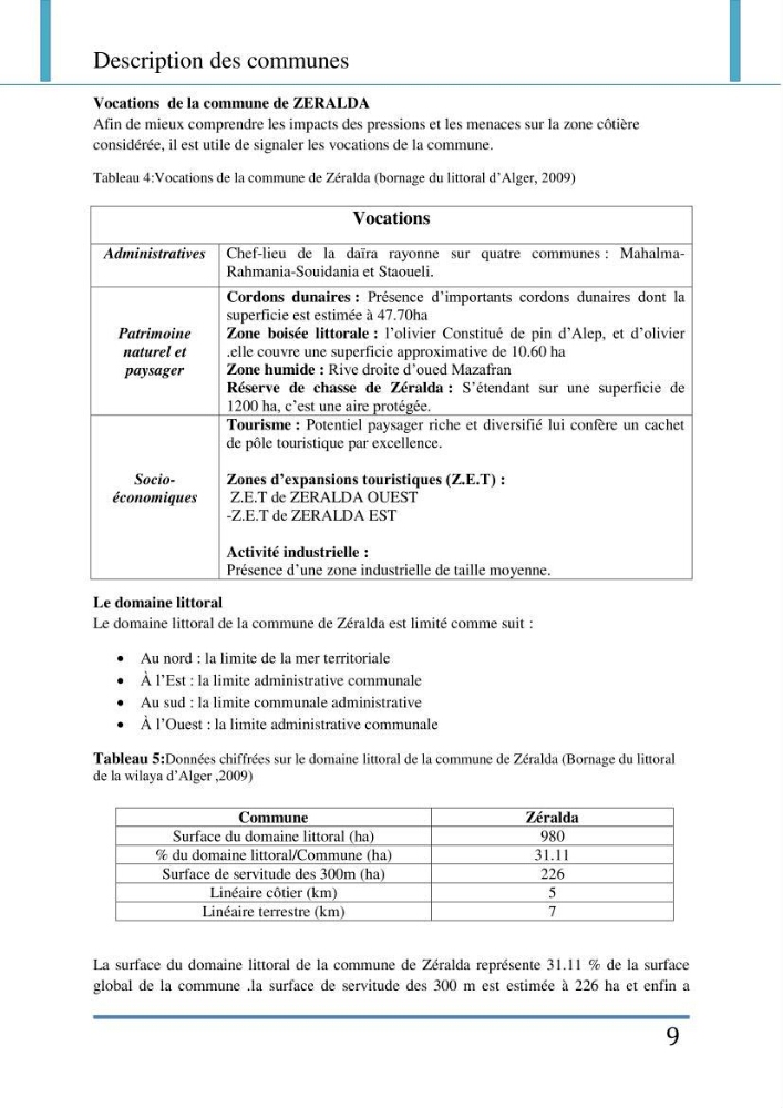 Evaluation de la mise en place de la loi du littoral au niveau des communes d\'Alger ouest