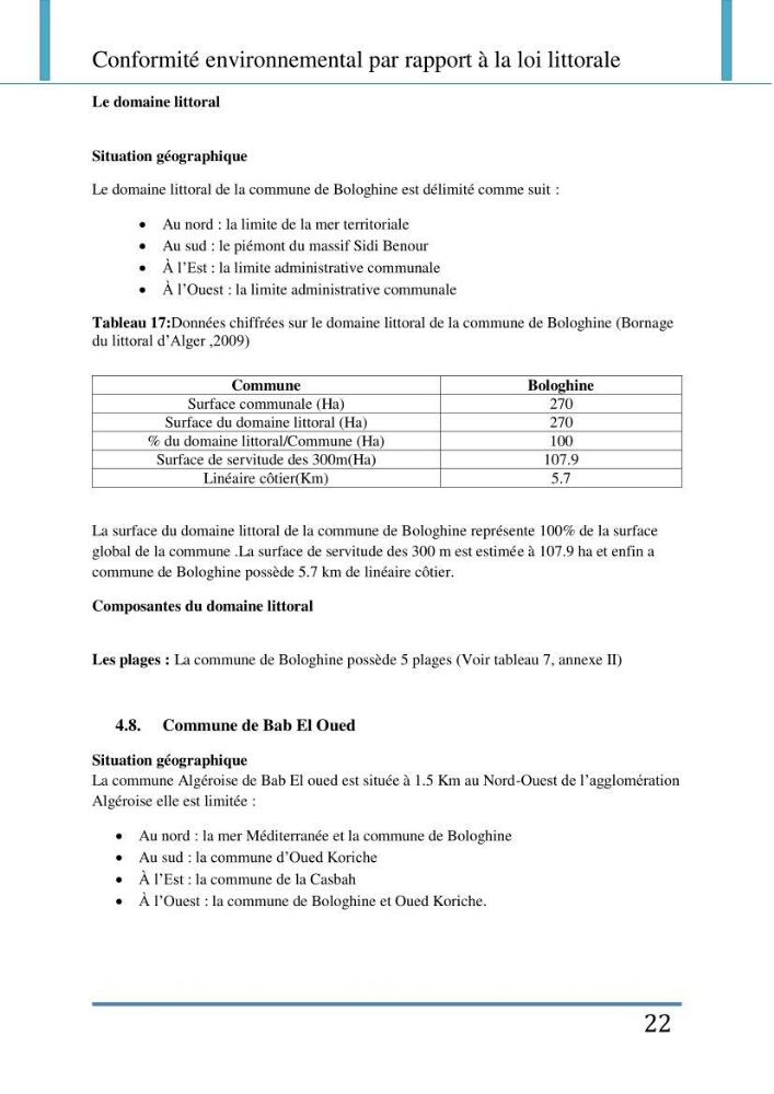 Evaluation de la mise en place de la loi du littoral au niveau des communes d\'Alger ouest