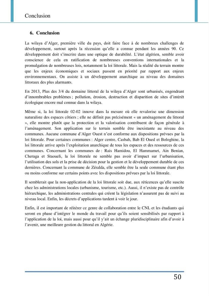 Evaluation de la mise en place de la loi du littoral au niveau des communes d\'Alger ouest
