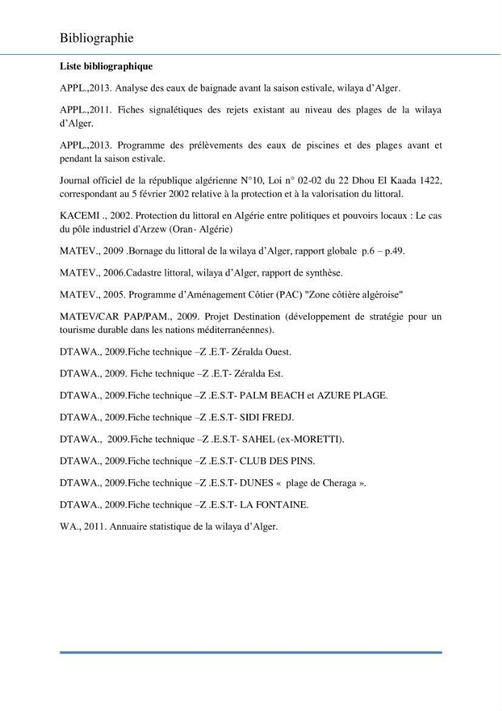 Evaluation de la mise en place de la loi du littoral au niveau des communes d\'Alger ouest