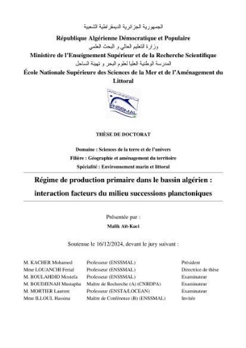 Régime de production primaire dans le bassin algérien interaction facteurs du milieu successions planctoniques Régime de production primaire dans le bassin algérien interaction facteurs du milieu successions planctoniques