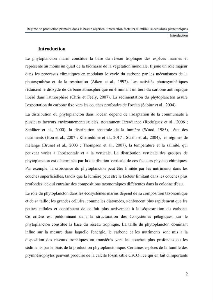 Régime de production primaire dans le bassin algérien interaction facteurs du milieu successions planctoniques