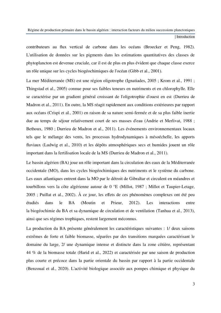 Régime de production primaire dans le bassin algérien interaction facteurs du milieu successions planctoniques