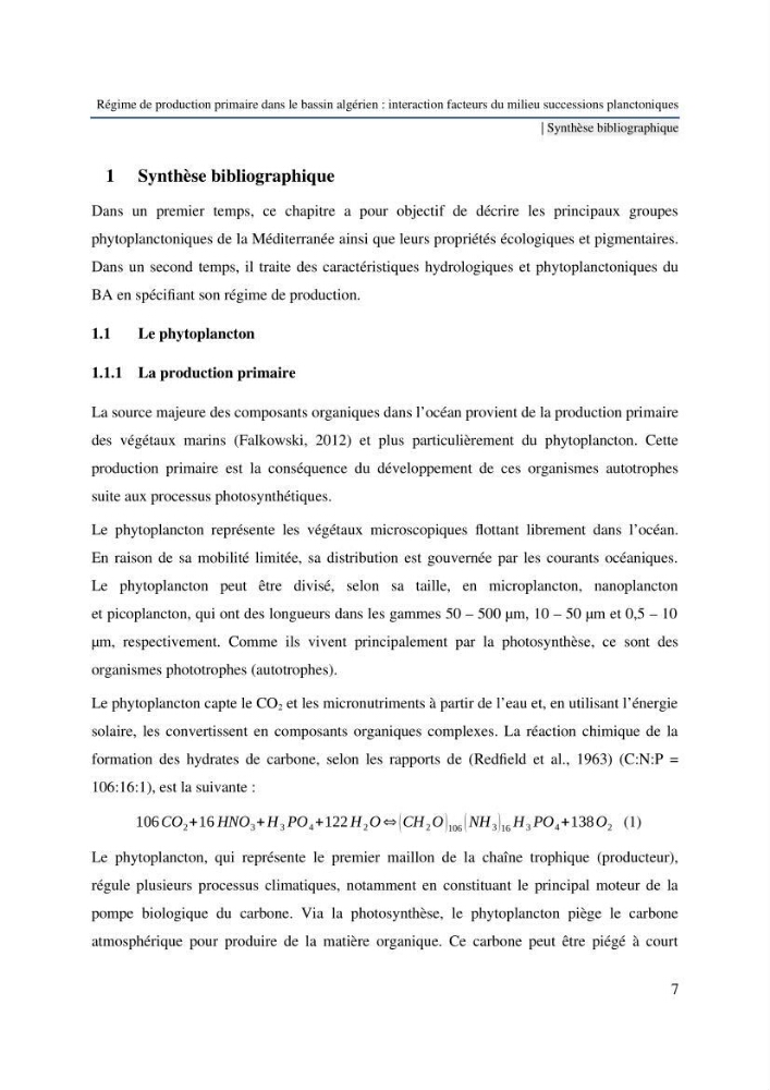 Régime de production primaire dans le bassin algérien interaction facteurs du milieu successions planctoniques