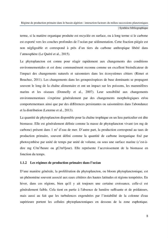 Régime de production primaire dans le bassin algérien interaction facteurs du milieu successions planctoniques