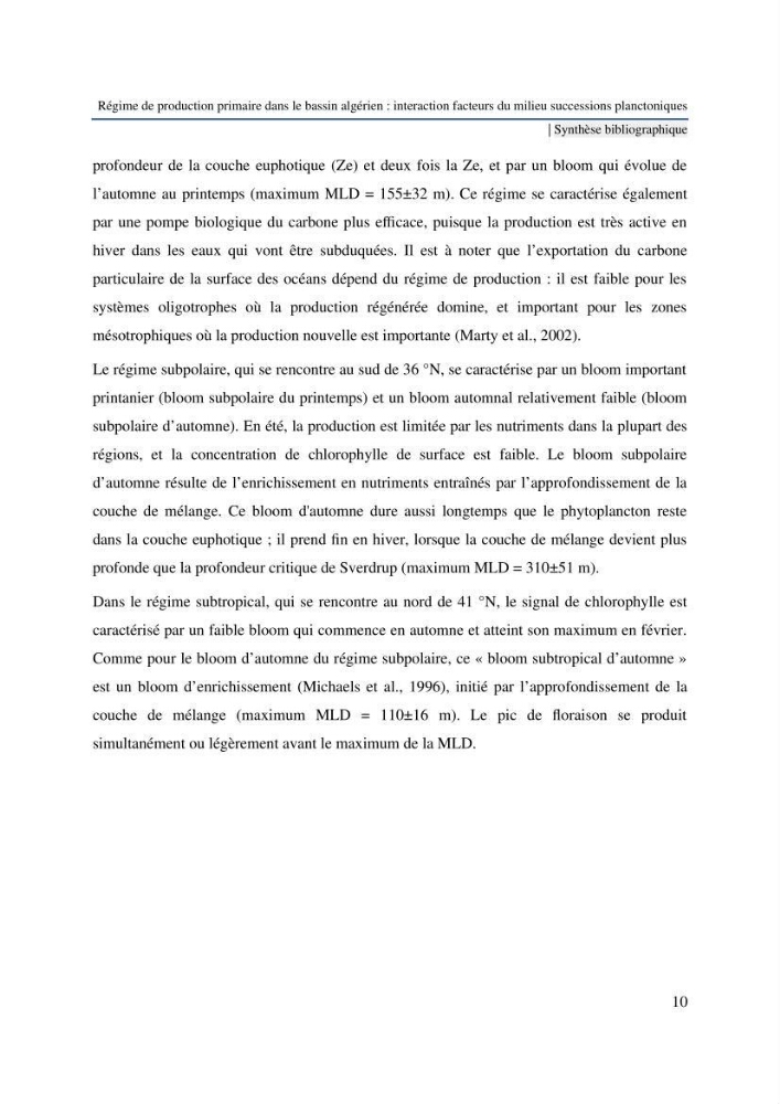 Régime de production primaire dans le bassin algérien interaction facteurs du milieu successions planctoniques