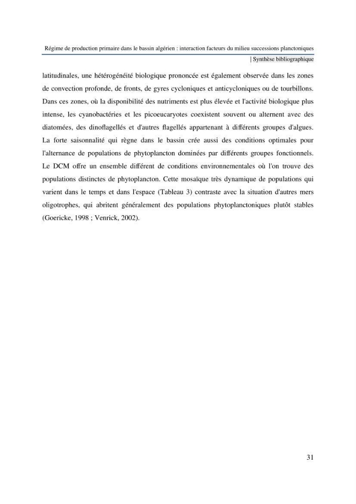 Régime de production primaire dans le bassin algérien interaction facteurs du milieu successions planctoniques
