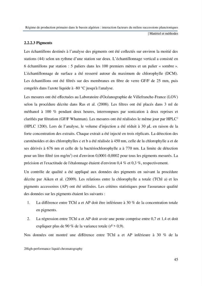 Régime de production primaire dans le bassin algérien interaction facteurs du milieu successions planctoniques