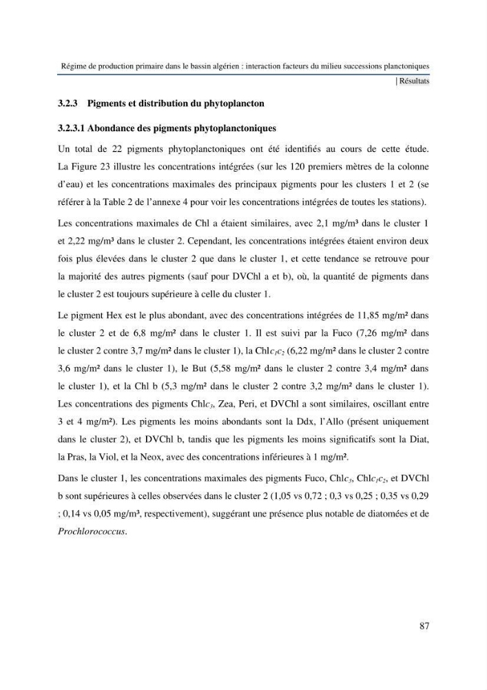 Régime de production primaire dans le bassin algérien interaction facteurs du milieu successions planctoniques