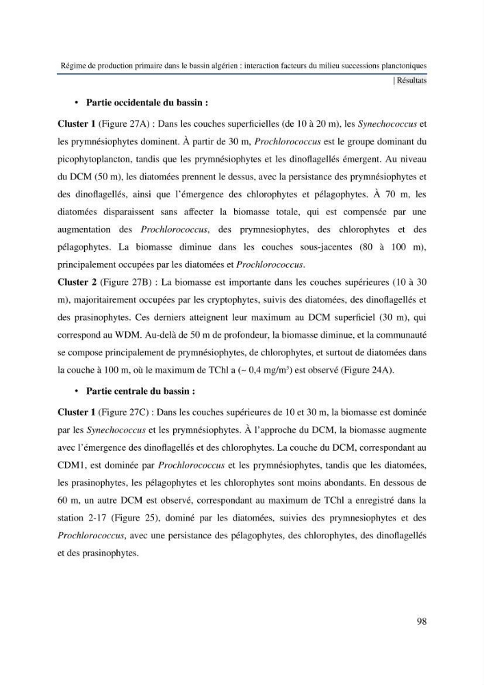 Régime de production primaire dans le bassin algérien interaction facteurs du milieu successions planctoniques