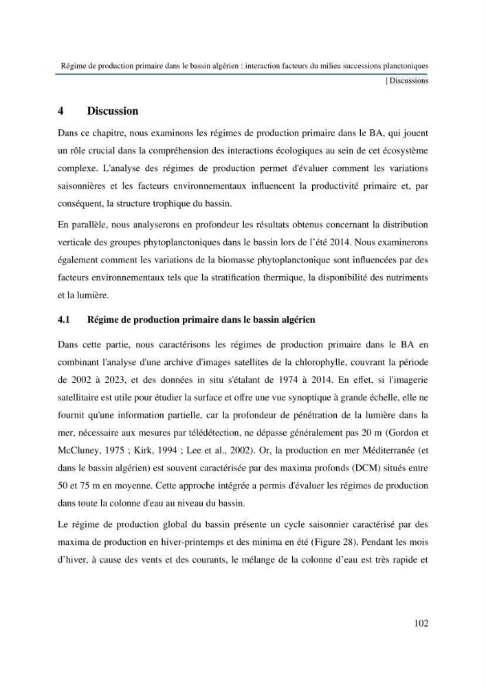 Régime de production primaire dans le bassin algérien interaction facteurs du milieu successions planctoniques