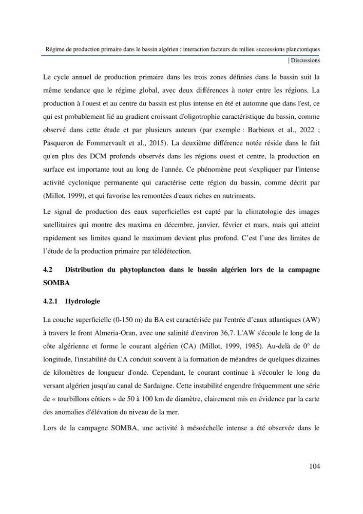 Régime de production primaire dans le bassin algérien interaction facteurs du milieu successions planctoniques