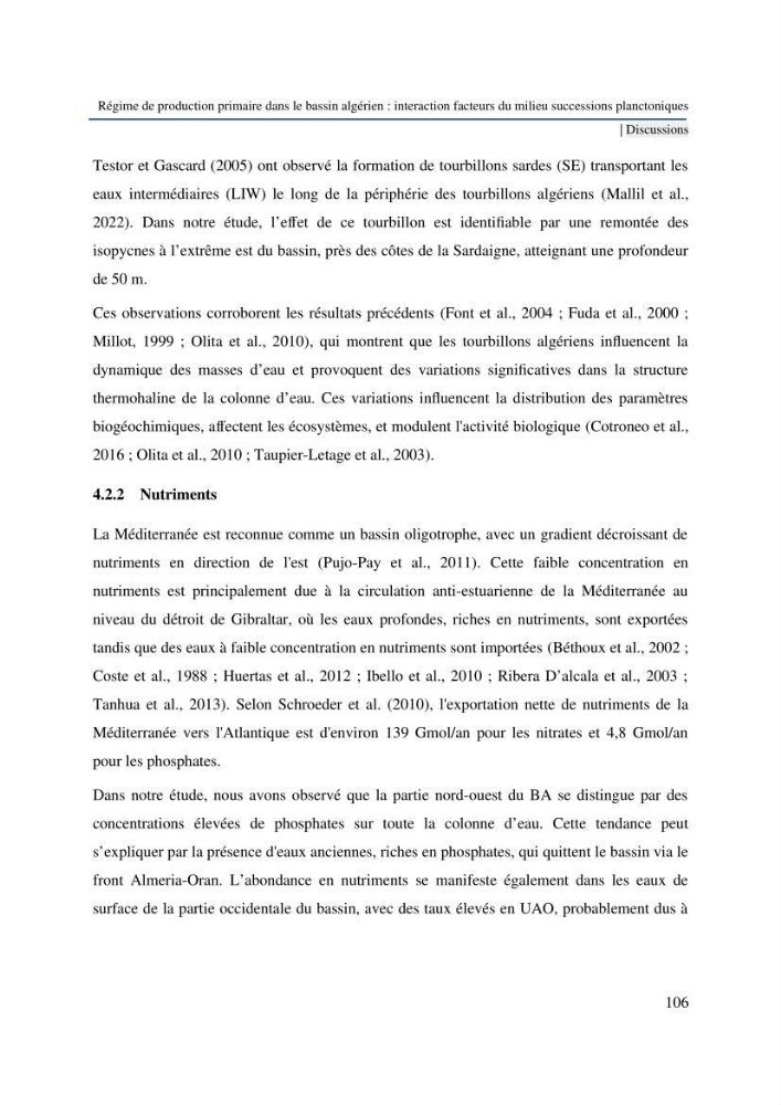 Régime de production primaire dans le bassin algérien interaction facteurs du milieu successions planctoniques