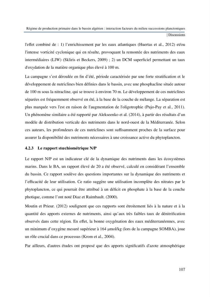 Régime de production primaire dans le bassin algérien interaction facteurs du milieu successions planctoniques