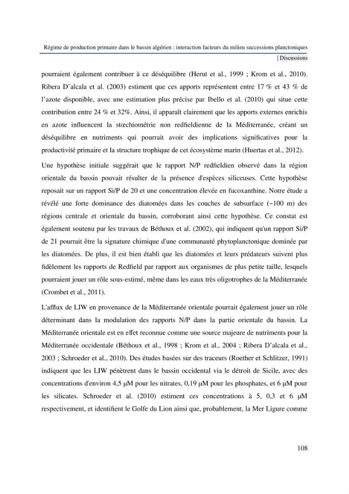 Régime de production primaire dans le bassin algérien interaction facteurs du milieu successions planctoniques