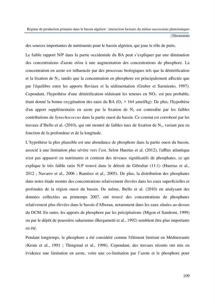 Régime de production primaire dans le bassin algérien interaction facteurs du milieu successions planctoniques