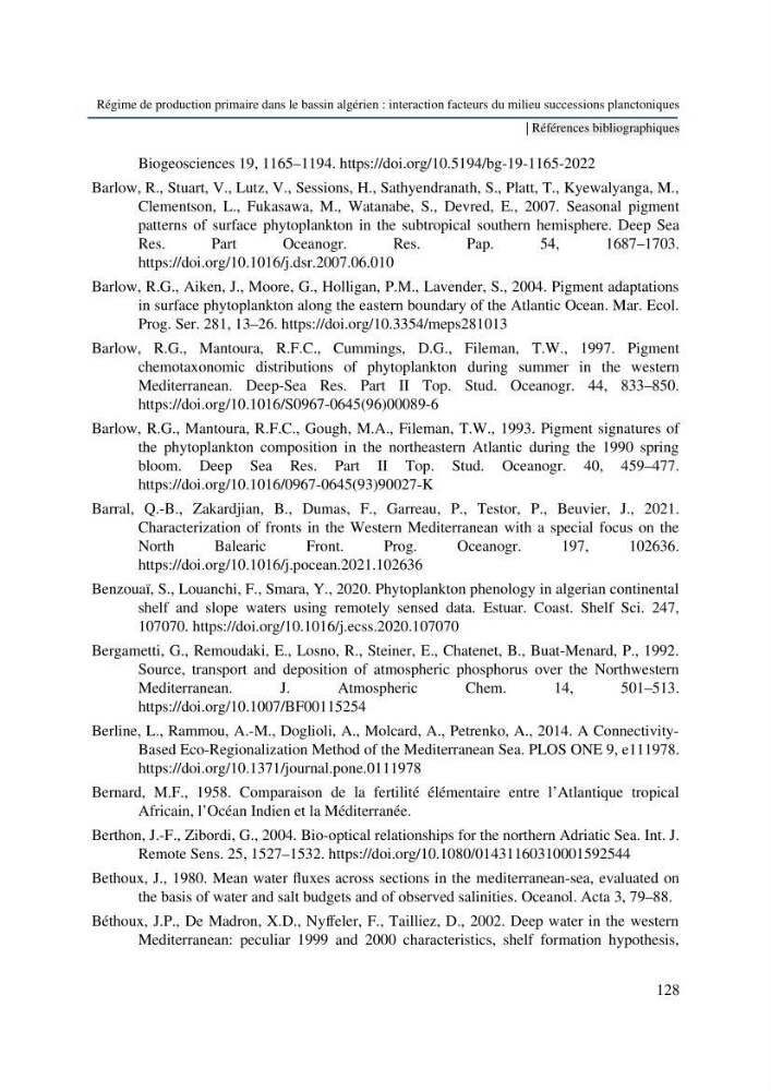 Régime de production primaire dans le bassin algérien interaction facteurs du milieu successions planctoniques