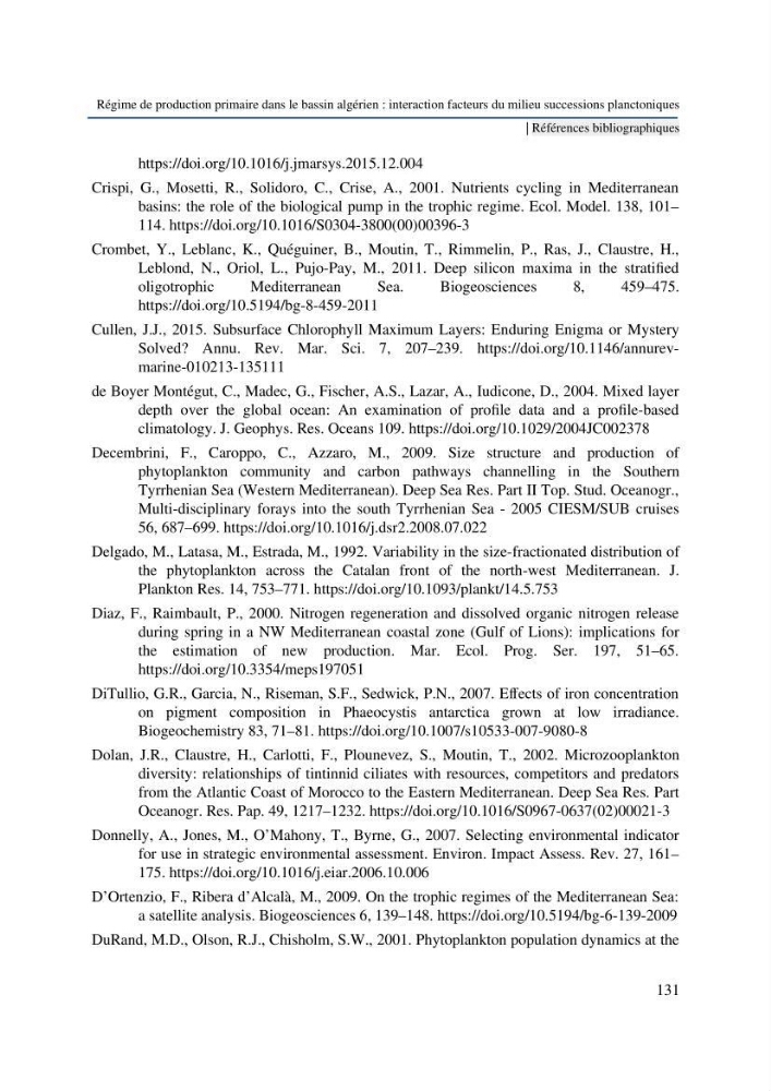 Régime de production primaire dans le bassin algérien interaction facteurs du milieu successions planctoniques