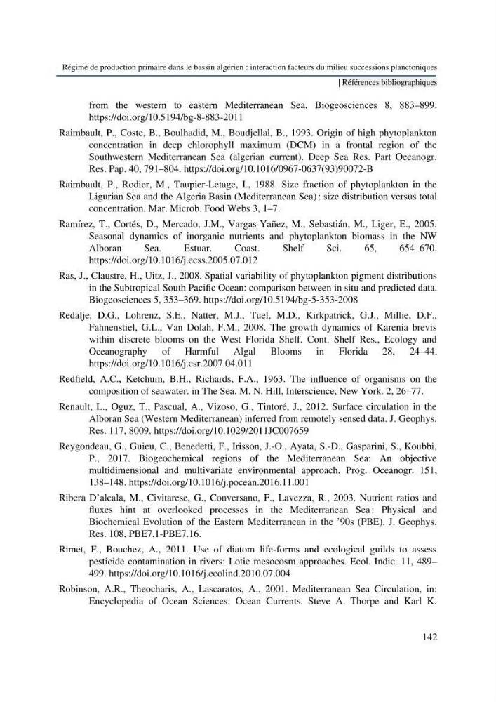 Régime de production primaire dans le bassin algérien interaction facteurs du milieu successions planctoniques
