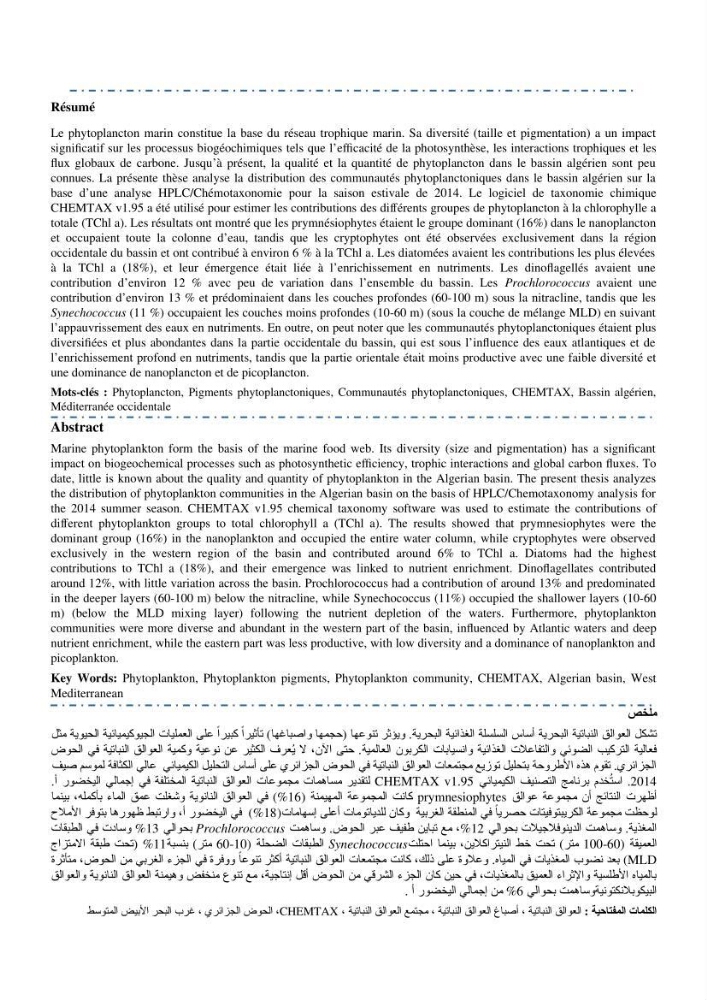 Régime de production primaire dans le bassin algérien interaction facteurs du milieu successions planctoniques