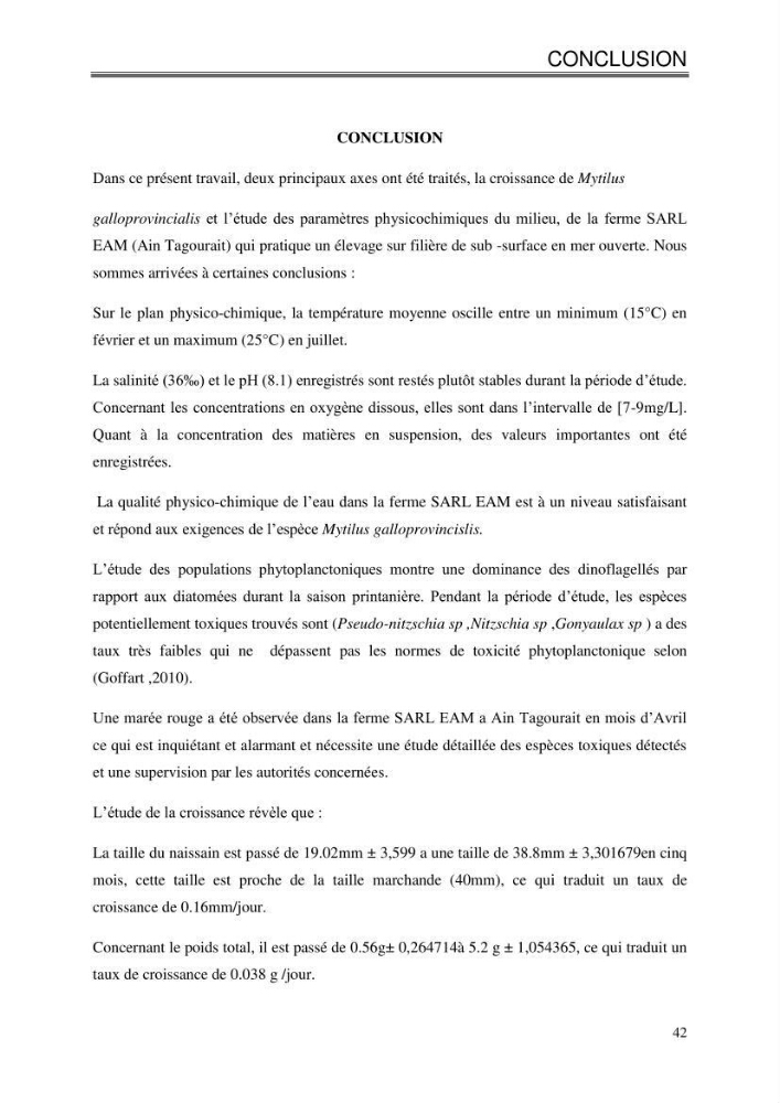 Etude de la croissance de Mytilus galloprovincialis (Lamarrck,1819) à Ain tagourait, Tipaza: