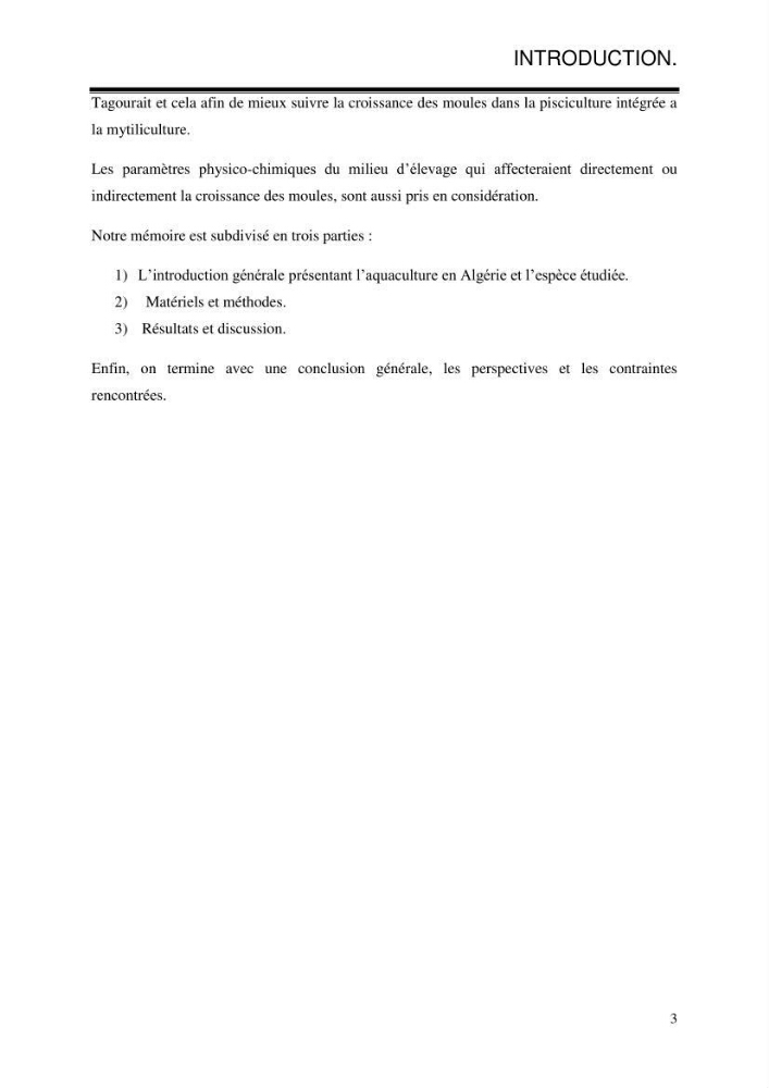Etude de la croissance de Mytilus galloprovincialis (Lamarrck,1819) à Ain tagourait, Tipaza: