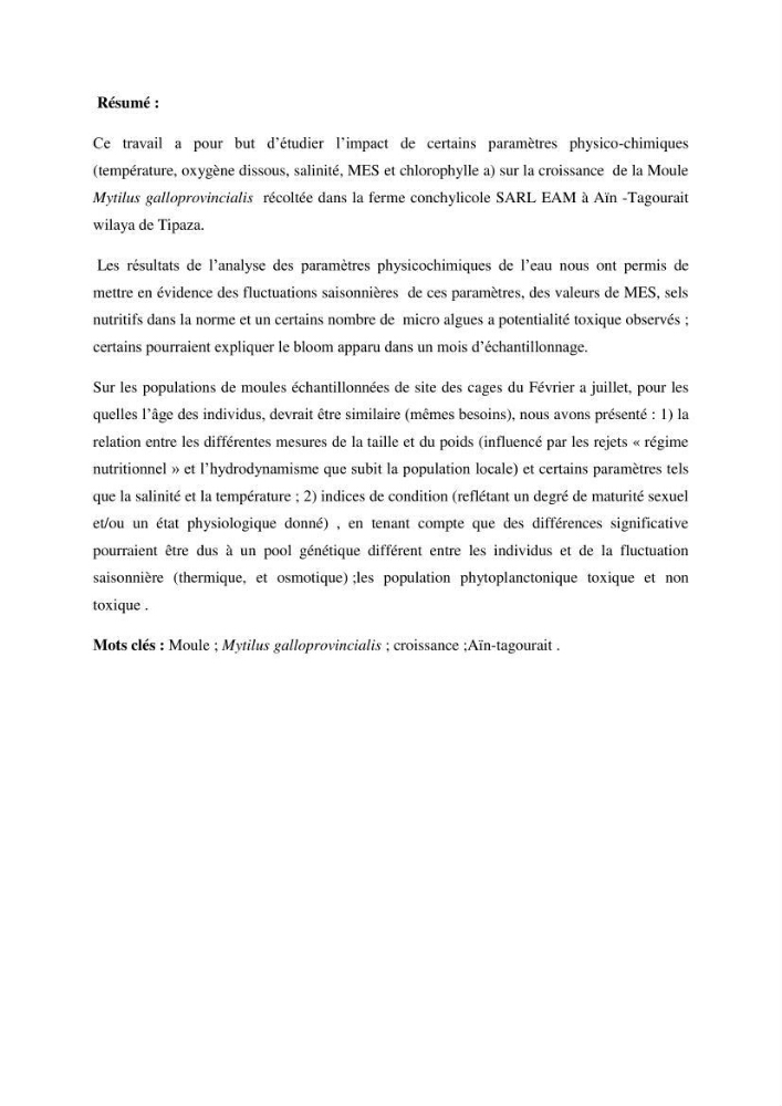 Etude de la croissance de Mytilus galloprovincialis (Lamarrck,1819) à Ain tagourait, Tipaza: