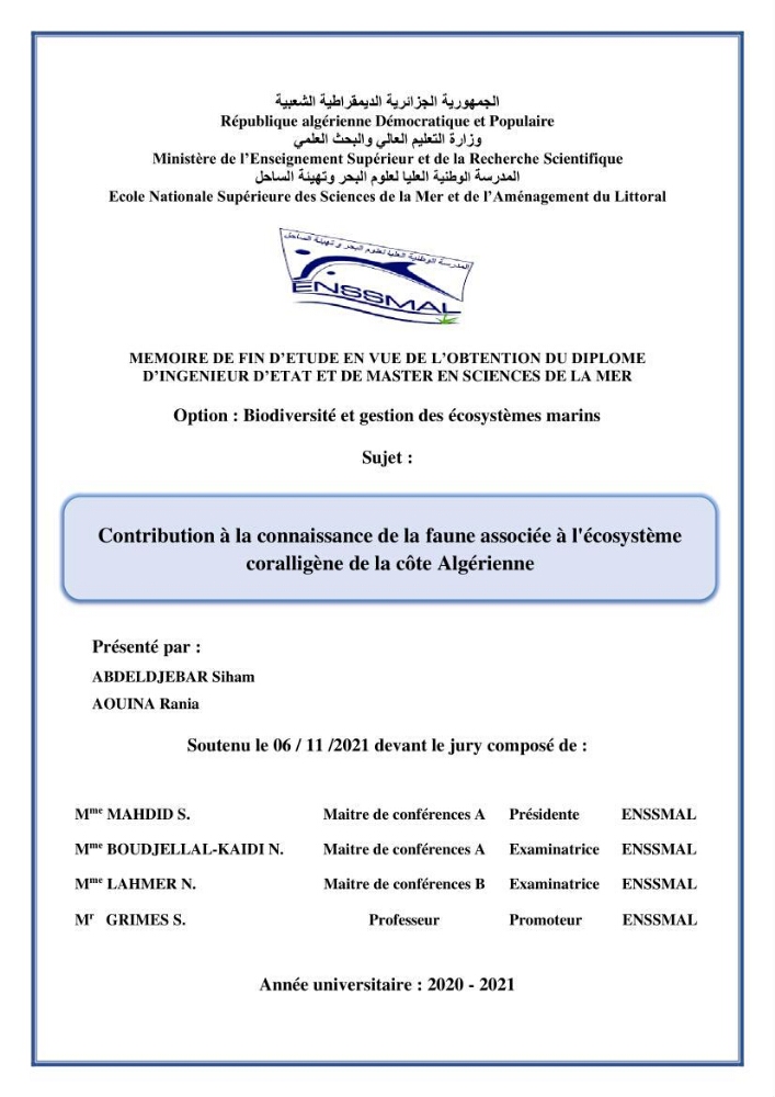 Contribution a la connaissance de la faune associée à l\'écosystème coralligène de la côte Algérienne: