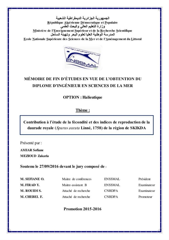 Contribution à l\'étude de la fécondité et des indices de reproduction de la daurade royale ( Sparus aurata Linnée,1758) de la région de Skikda: