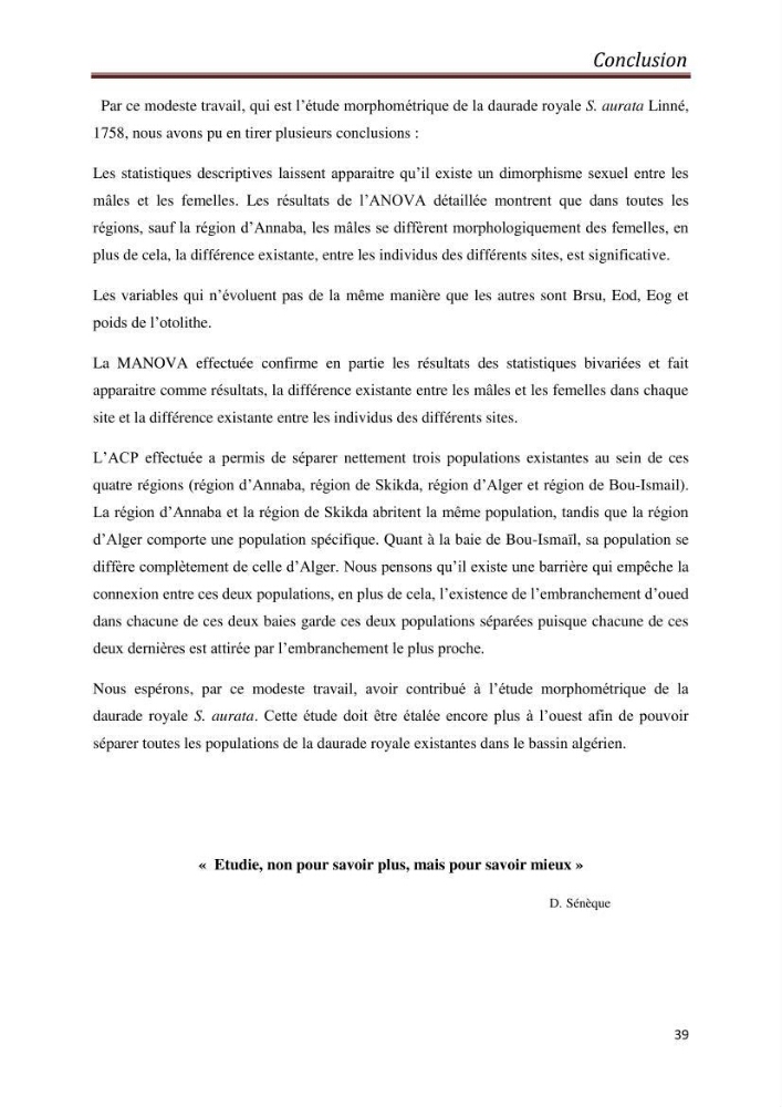 Biométrie de la daurade royale (Sparus aurata linné,1758),étude comparative entre quatre régions: golf d\'Annaba,golf de Skikda,baie d\'Alger et baie de Bou-Ismail